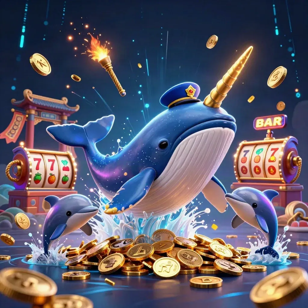 Cyan-lit whale captain, narwhal, and dolphins burst through coins in a cinematic casino scene.