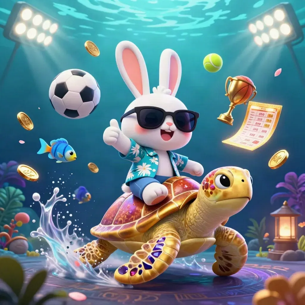 Cartoon rabbit rides a golden sea turtle amid flying sports balls, coins, and glowing lights underwater