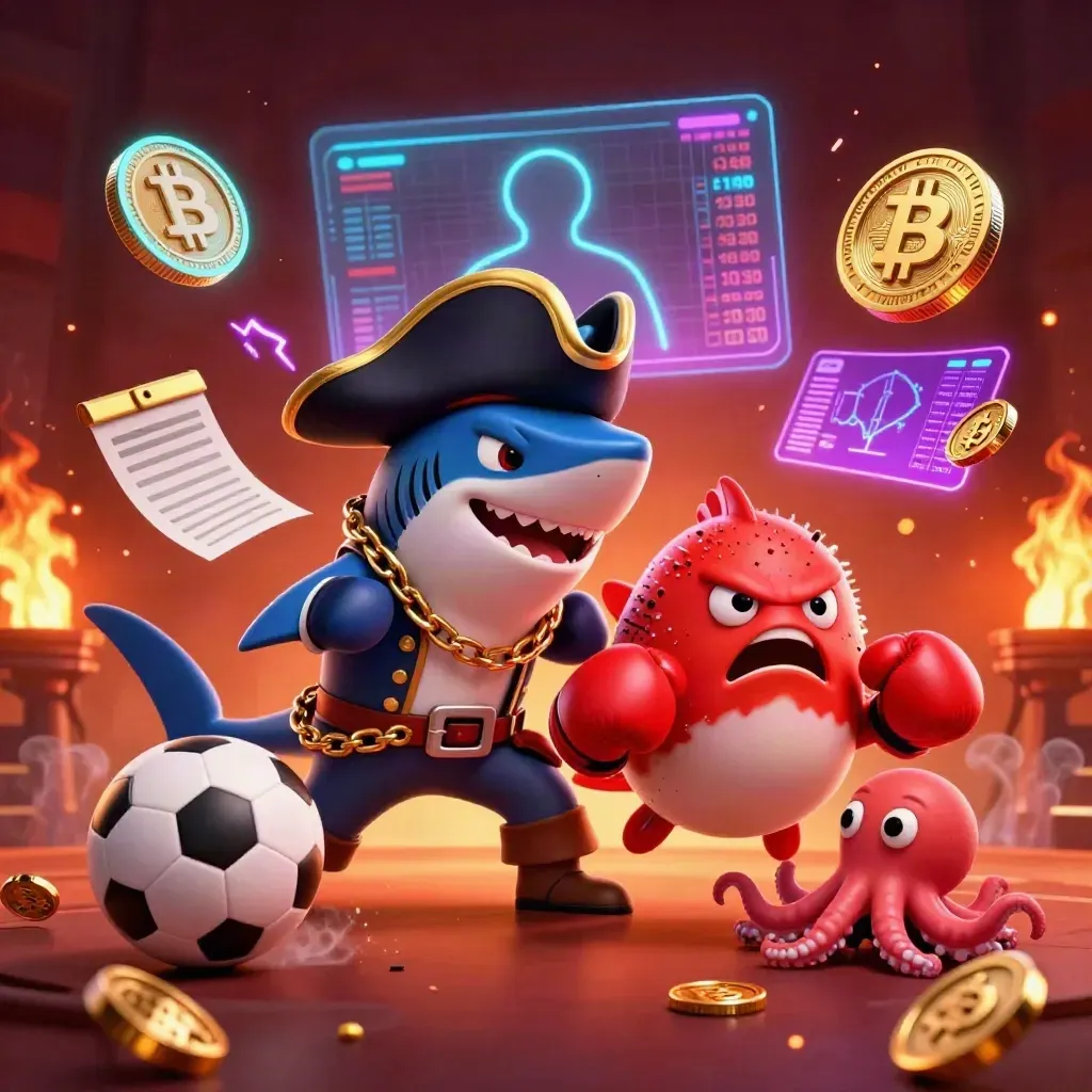 Pirate shark, boxing pufferfish, and coin-juggling octopus amid flying sports gear and neon casino sparks
