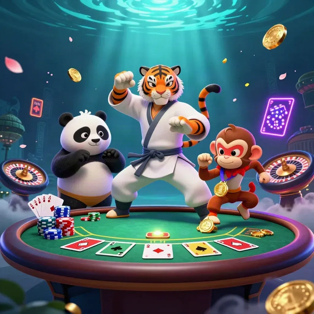 Tiger, panda, and monkey in a neon casino scene with poker, roulette, and gold glow.