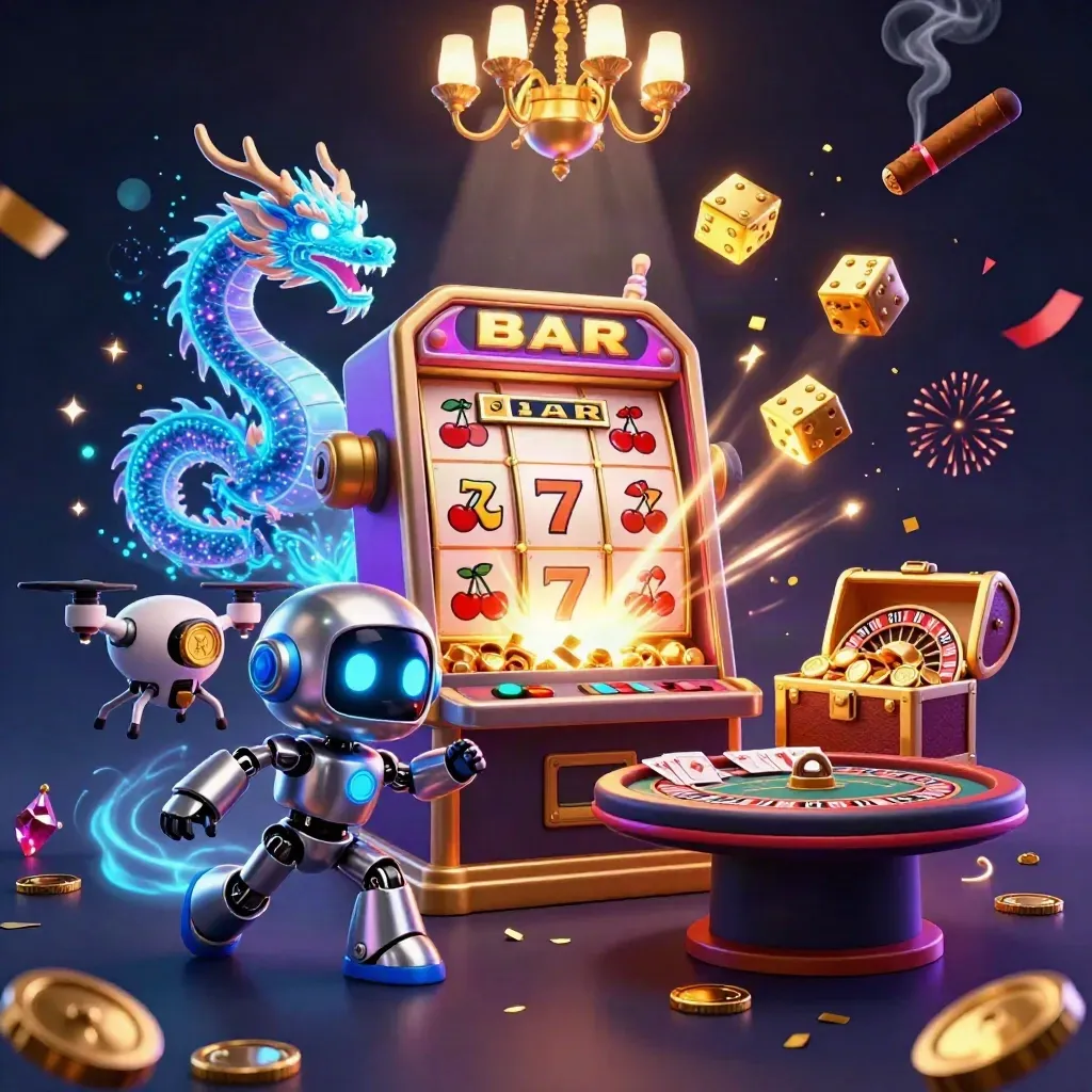 Robot, AI dragon, and drone amid slot bursts, gold dice, and neon casino glow.