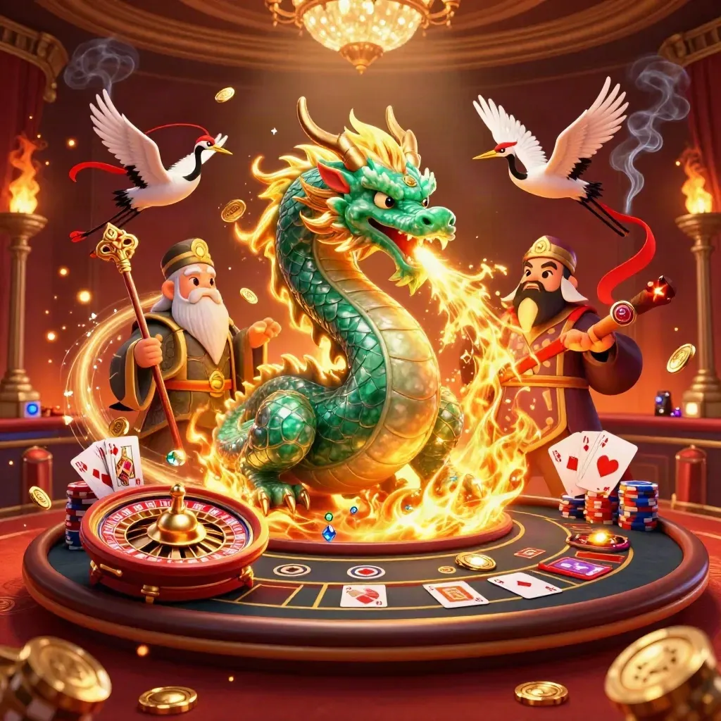 Dragon, turtle sage, and cranes amid casino props, fire, coins, gems, and glowing luxury