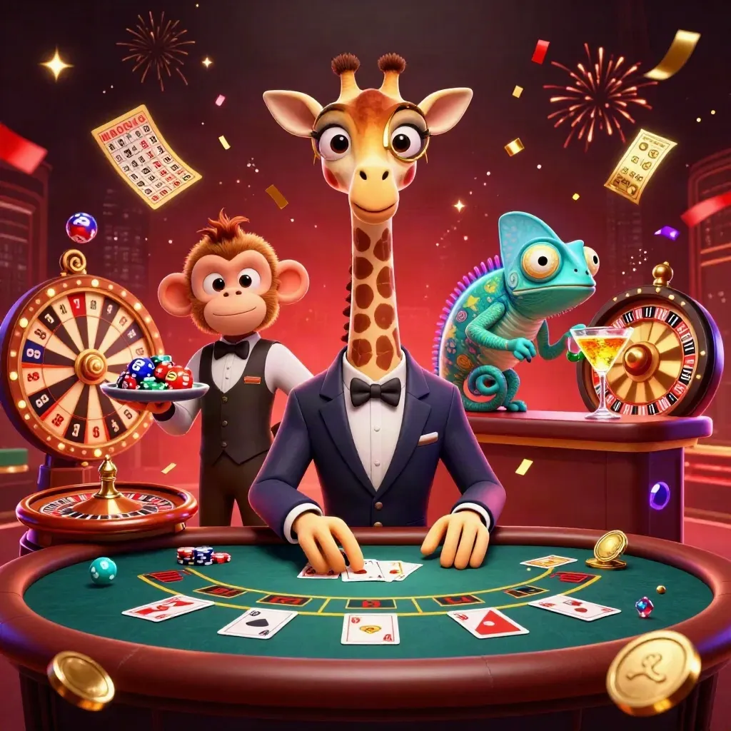 Giraffe high roller, monkey valet and chameleon bartender amid casino lights and spinning prizes.
