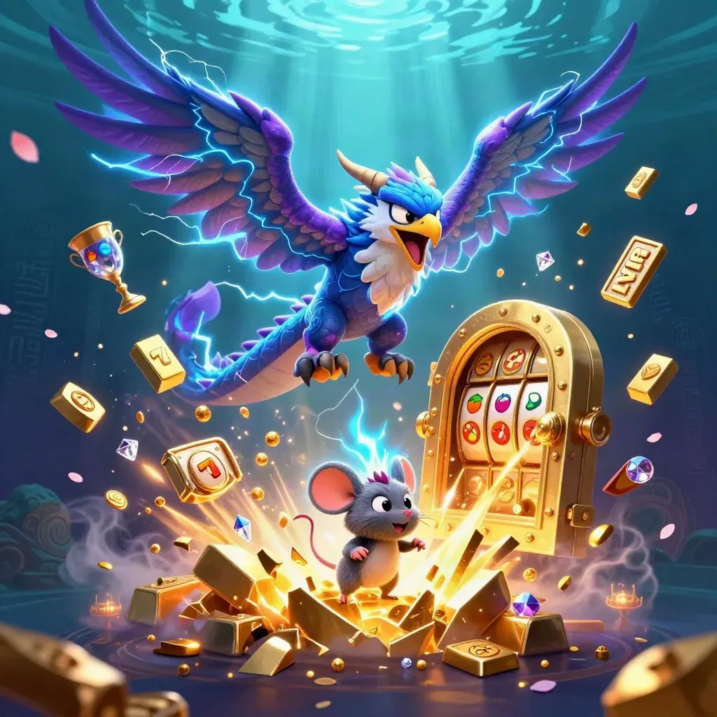 Thunder dragon, wind hawk and static mouse burst from gold vault amid gems and neon casino glow.