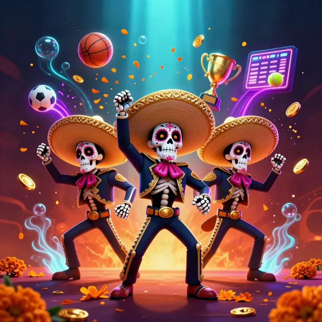 Three sugar-skull mariachi skeletons burst with balls, trophy, coins, and cyan casino glow.