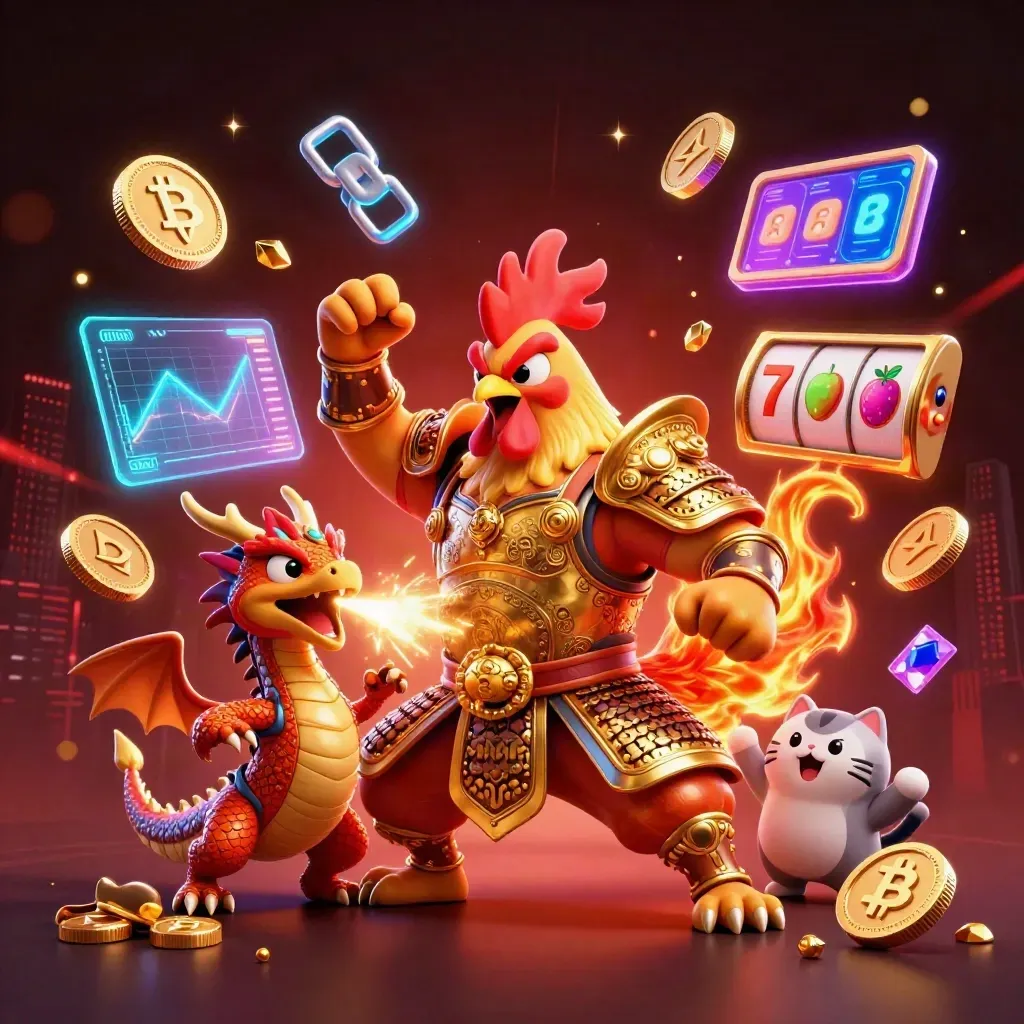 Rooster samurai, spark-breathing dragon hatchling, and fortune-cat amid glowing casino coins and neon energy