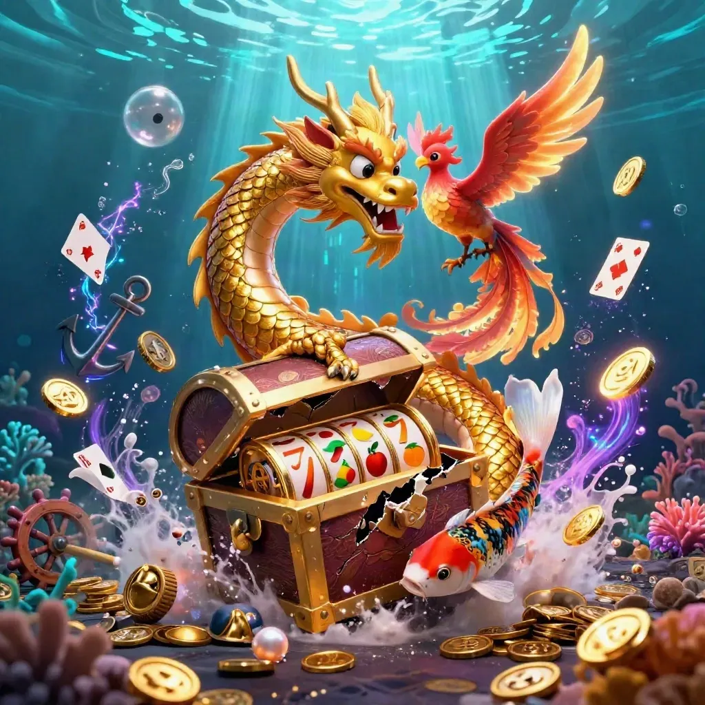 Golden dragon, red phoenix, and koi burst from an underwater treasure cove with glowing cyan energy.
