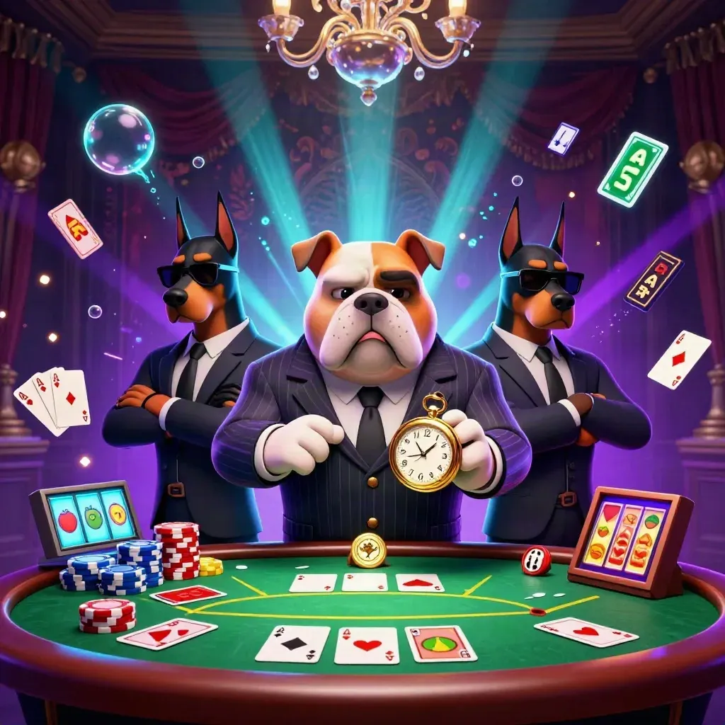 Bulldog mob boss with two Dobermans amid poker chips, cards, reels, and neon casino glow.
