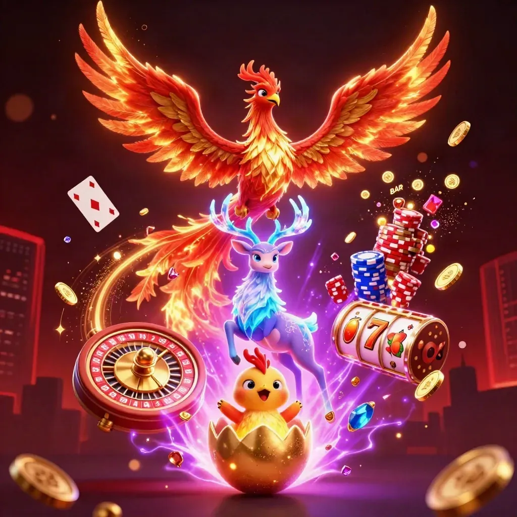 Fire phoenix, hatching baby phoenix, crystal-antler stag, casino coins, cards, chips, and glowing magic.