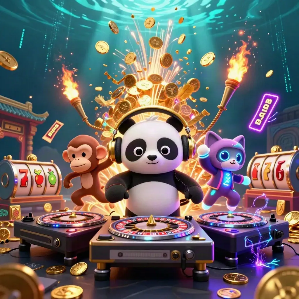 DJ panda, monkey, and kitten amid a bursting vault, coins, temple gate, and neon casino effects.