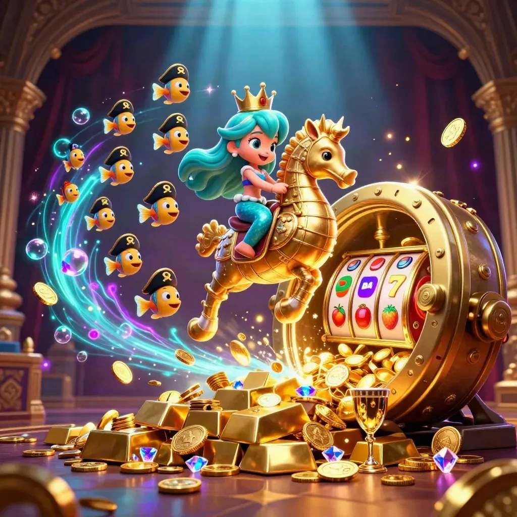 Mermaid princess rides armored seahorse as coins, gems, and slot symbols burst in neon light.