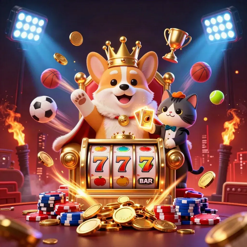 Royal corgi and cat butler amid coins, slots, sports balls, trophy, and casino glow