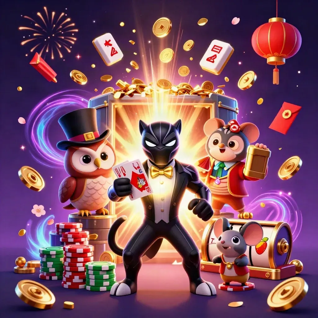 Panther, owl, and mouse amid a bursting vault, coins, lanterns, fireworks, and glowing slot symbols.