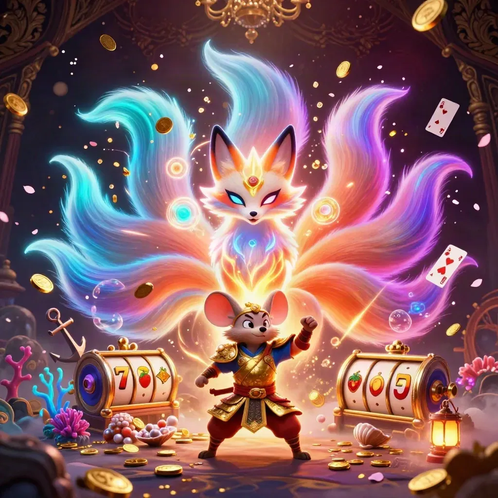 Fox spirit and golden-armored mouse amid exploding coins, coral, reels, and dark luxury casino glow.