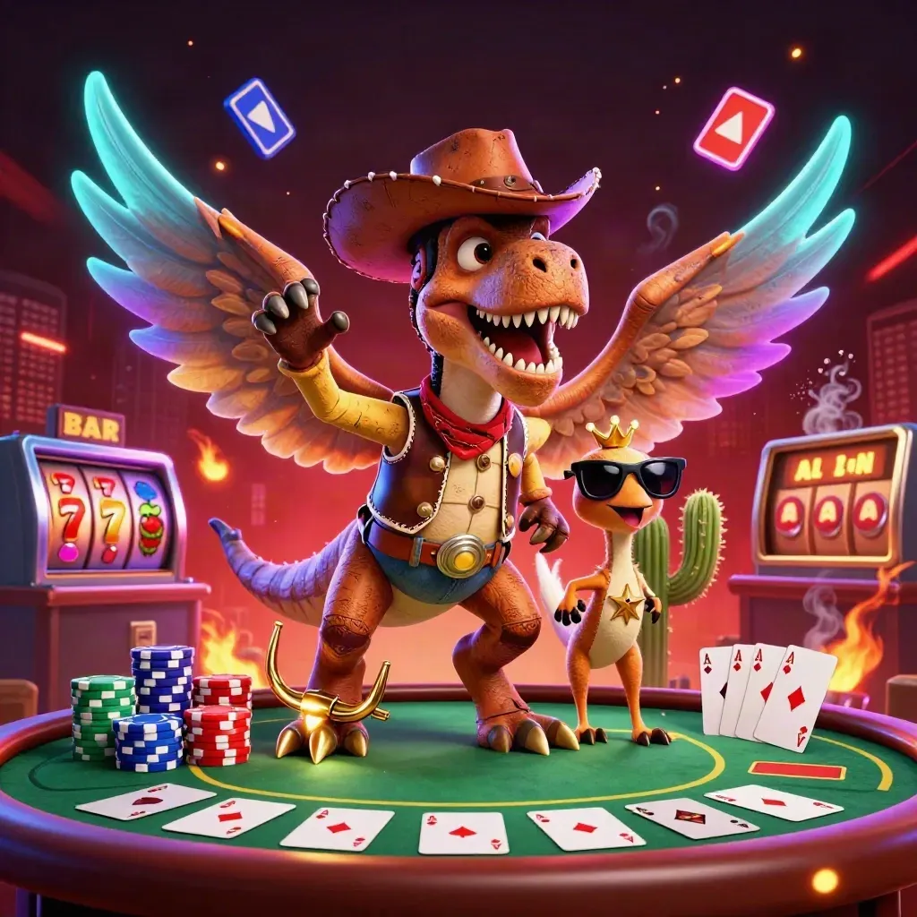 Cowboy T-Rex, cactus sidekick, and sheriff roadrunner amid poker chips, slot reels, and neon casino glow