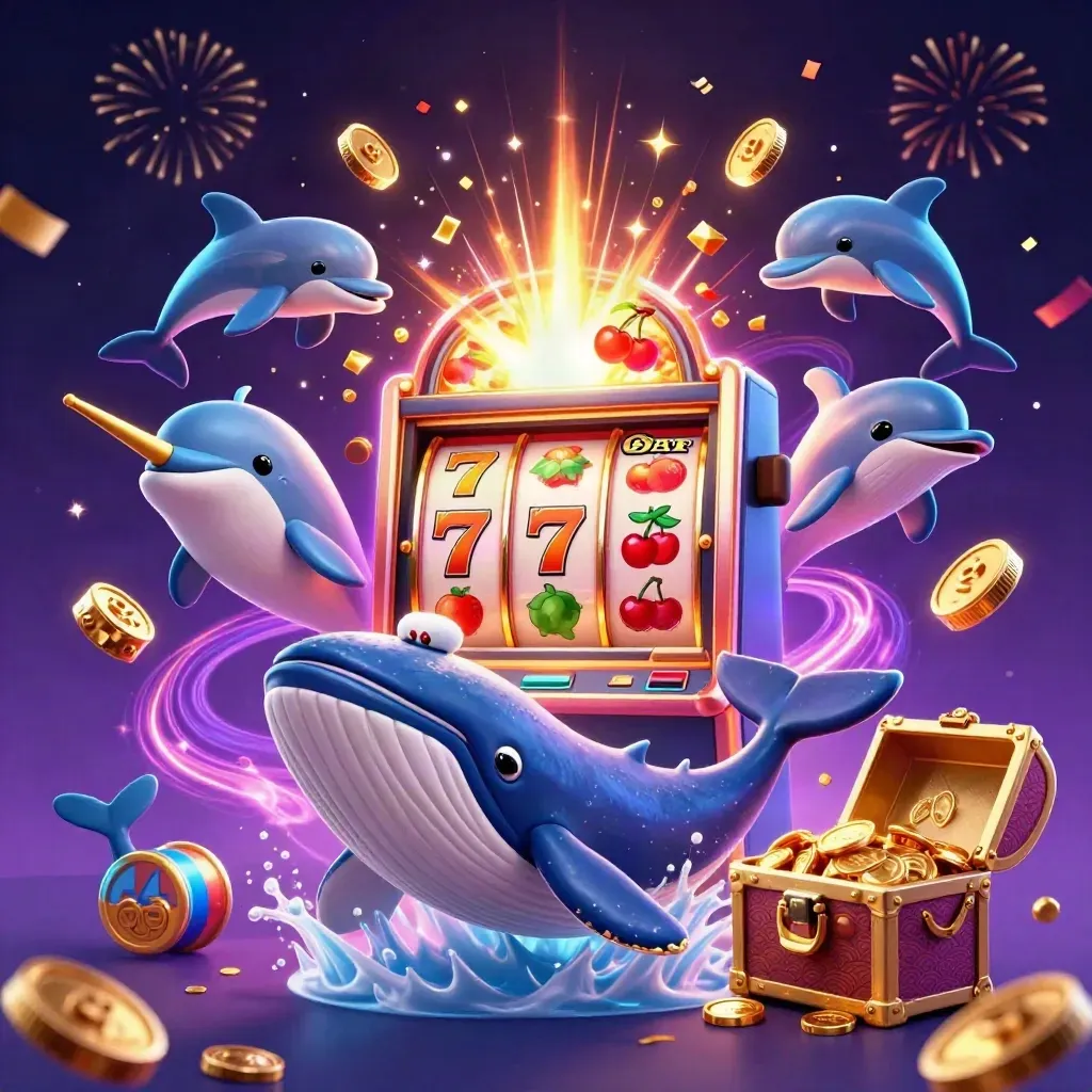 Captain whale, narwhal, and dolphins burst from coins beside a jackpot slot machine.