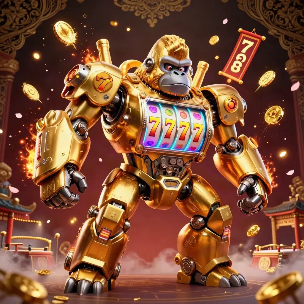 Golden gorilla slot mech with tiny monkey pilot, reels and casino magic, on a dark luxe backdrop.