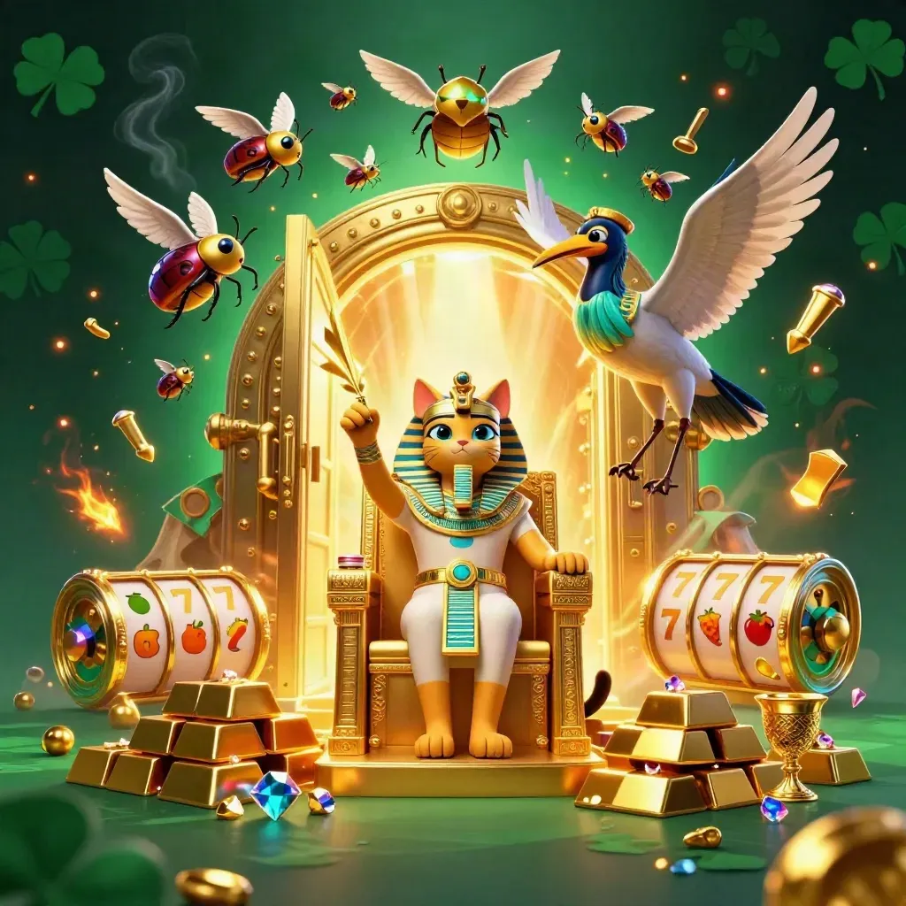 Egyptian pharaoh cat, ibis scribe, and gem-winged scarabs amid vault gold and slot glow