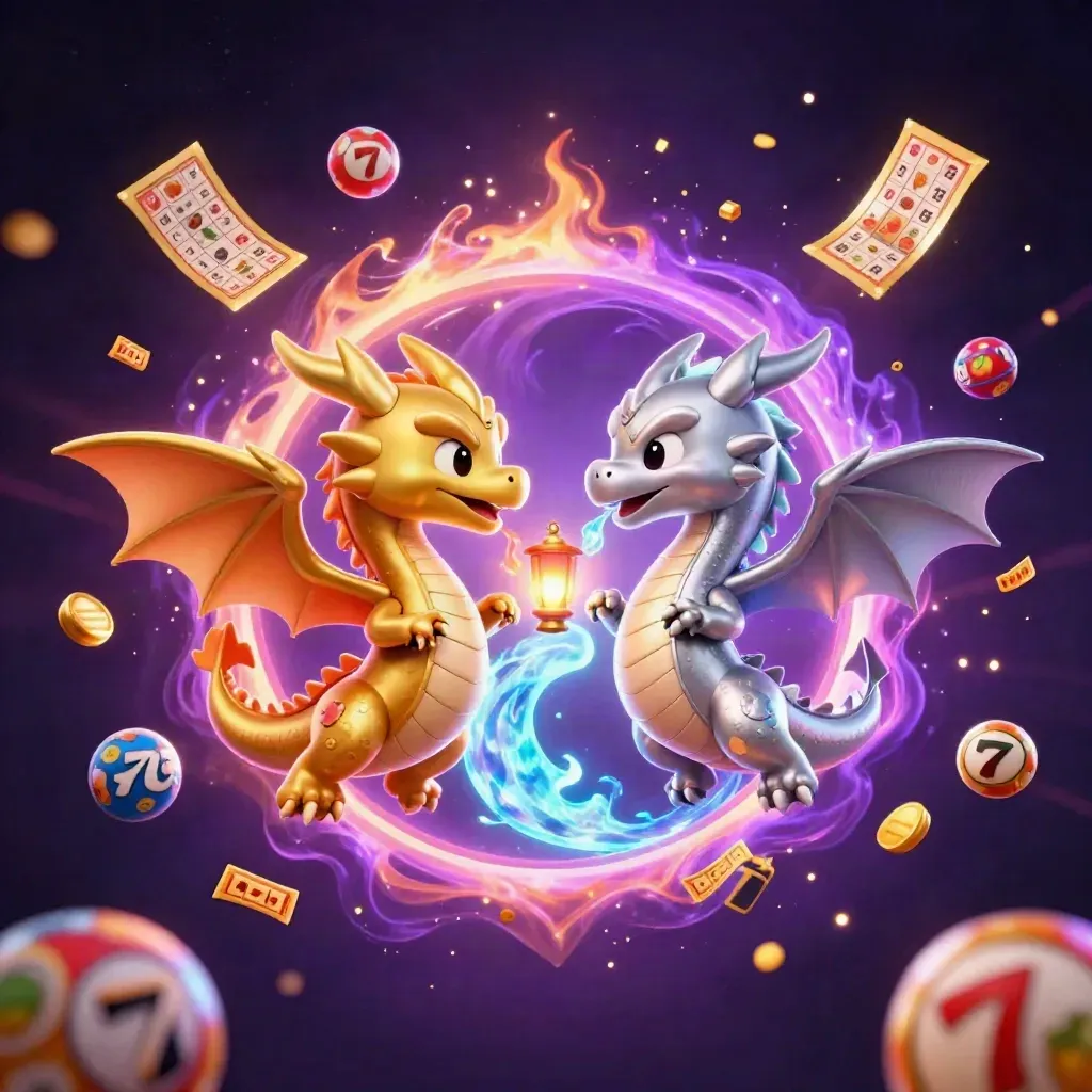 Twin gold and silver dragons form a fire-and-ice yin-yang with casino symbols swirling around them.