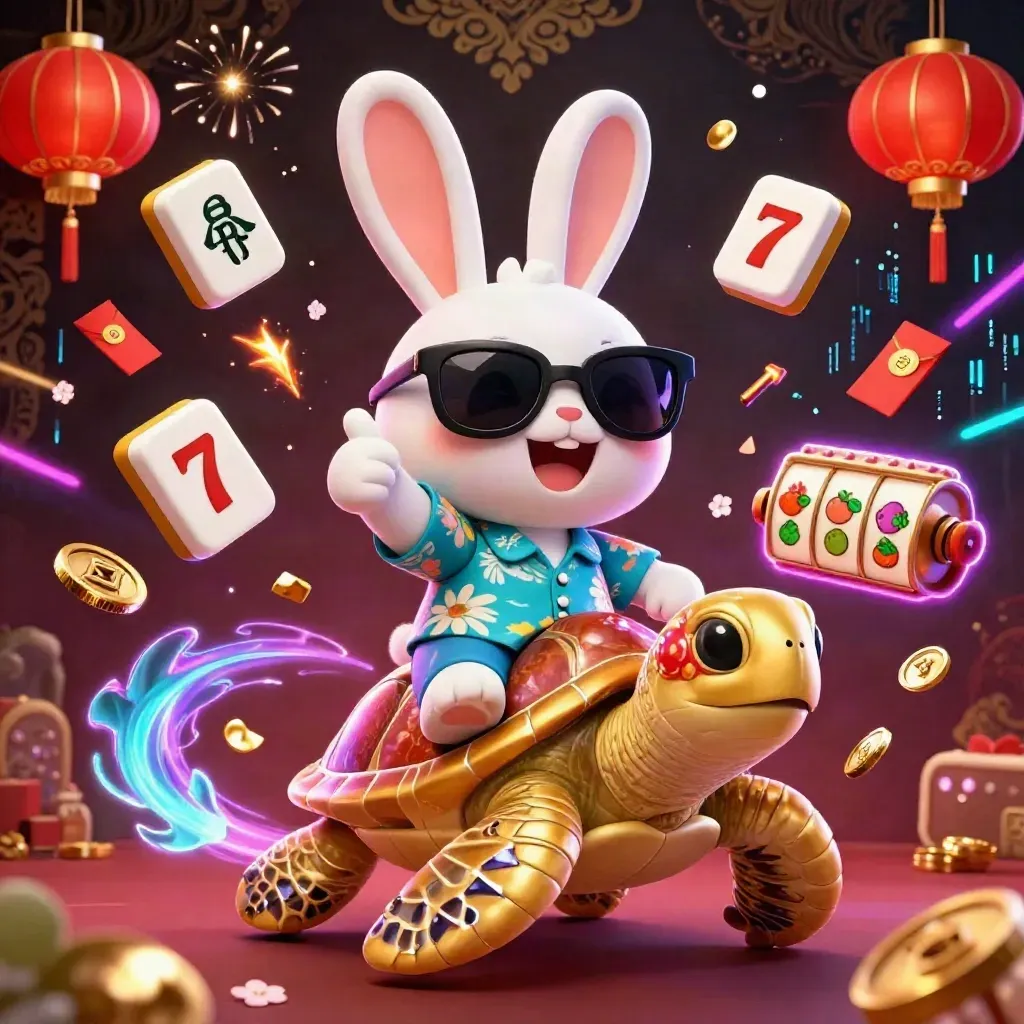 Lucky rabbit rides a jeweled sea turtle amid slot symbols, lanterns, coins, and neon casino glow.