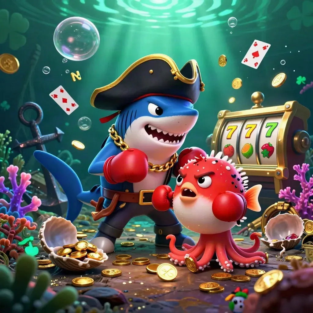 Pirate shark, angry pufferfish, and juggling octopus in a glowing underwater treasure cove