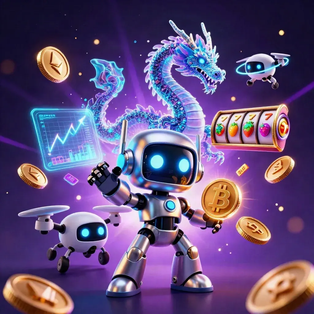 Cyberpunk robot, holographic dragon and coin drone amid neon casino effects on a dark purple backdrop.