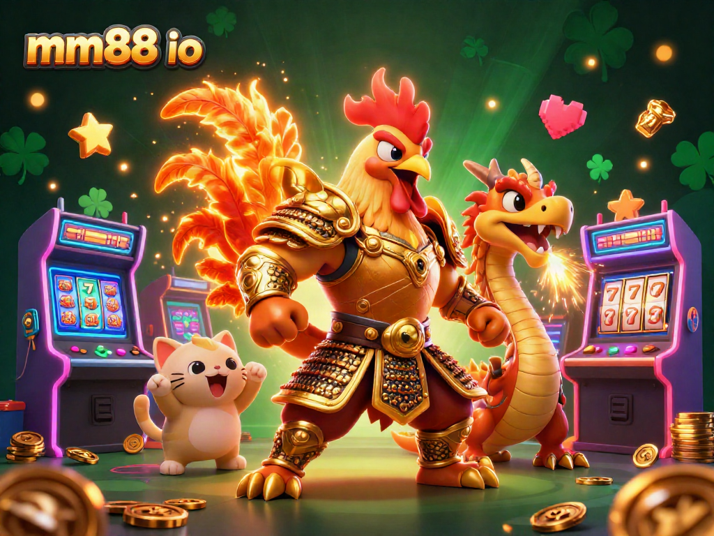 Engage in thrilling experiences with mm88 io, showcasing a 3D rooster warrior and dragon amidst vibrant slot game elements.