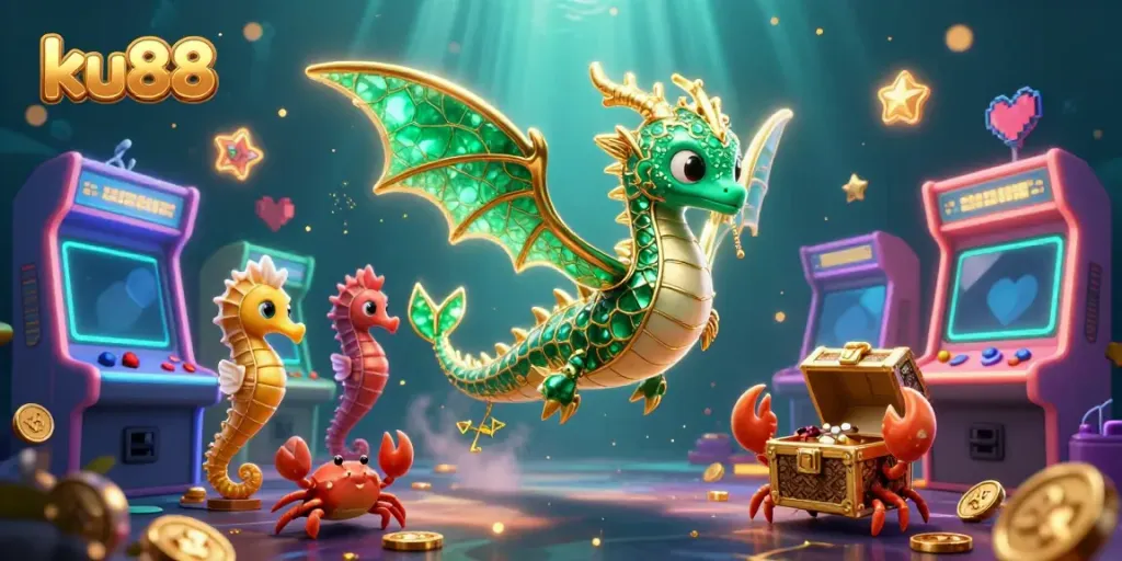 Engage with ku88's vibrant casino experience featuring a rich underwater scene with gaming elements.