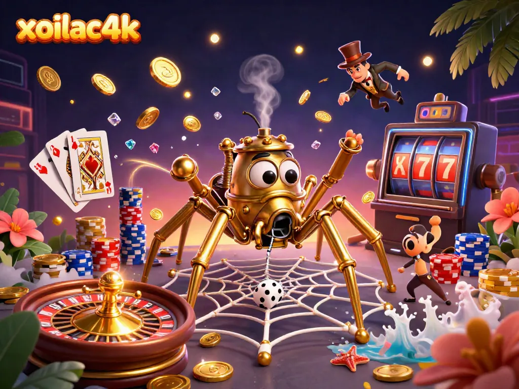 Experience thrilling gameplay with xoilac4k amidst a captivating 3D illustrated casino scene.