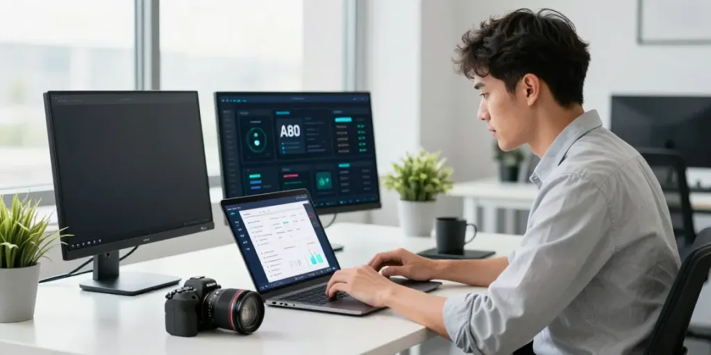 A young professional using the A80 information platform at a modern tech workspace.