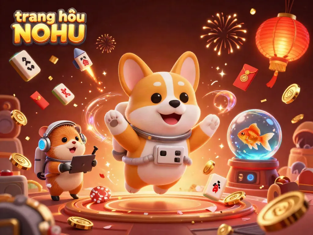 Engaging experience at trang chủ NOHU with astronauts in a vibrant casino setting, featuring a corgi, hamster, and fish.