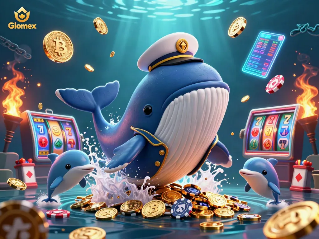 Engage with Glomex through a vibrant scene of a whale and dolphins surrounded by casino elements.