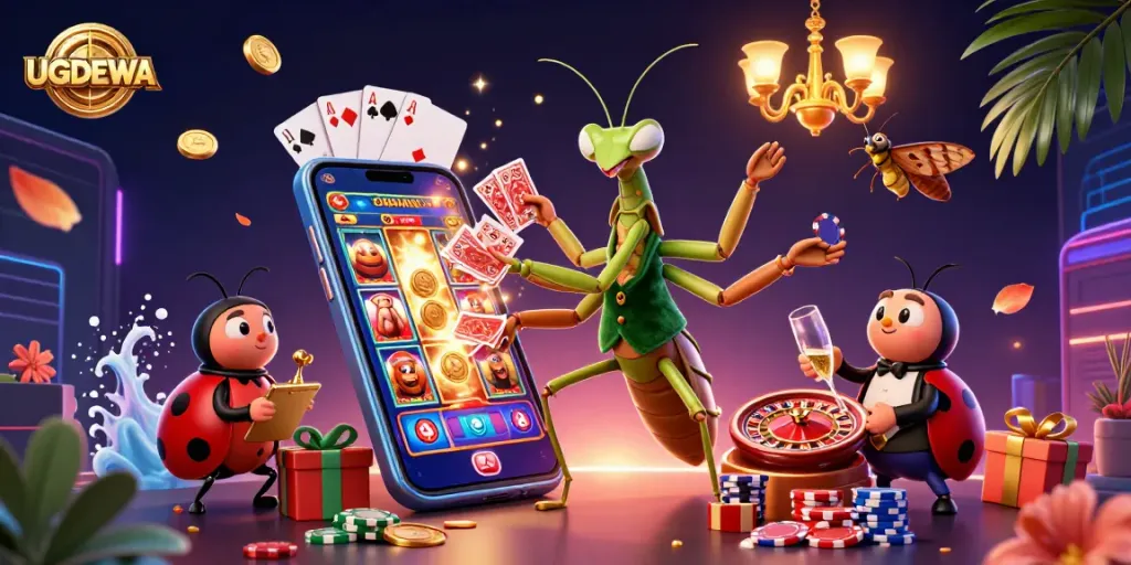 UGDEWA introduces vibrant casino action with a giant card dealer, ladybug pit boss, and lively game elements.