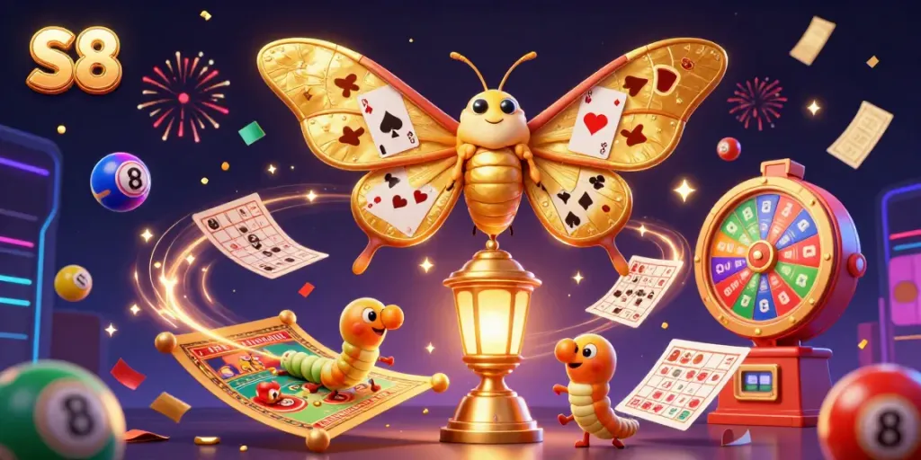 S8 enhances casino excitement with a vibrant 3D moth and lottery elements in a festive layout