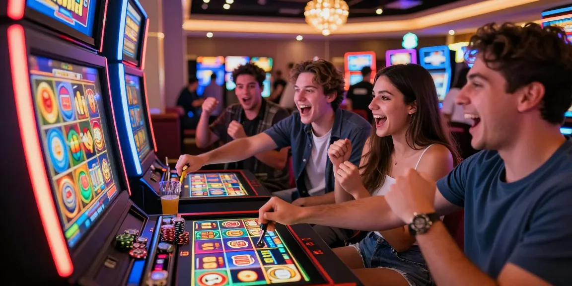 Excited group celebrating a win at bandar slot machine in a vibrant casino setting.