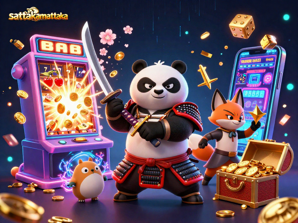 Sattakamattaka featuring a samurai panda and ninja fox in an energetic casino scene with a jackpot explosion.