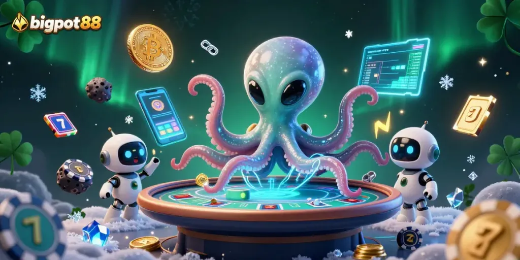 bigpot88 melakukan taruhan dengan alien gurita dan robot, dikelilingi koin kripto dan elemen slot