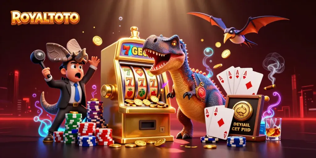 ROYALTOTO shows a dinosaur interacting with a slot machine while casino elements surround them.