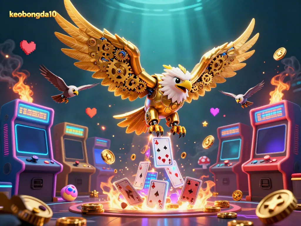Engaging scene featuring keobongda10 with a cybernetic eagle among gaming elements in a vibrant casino atmosphere.