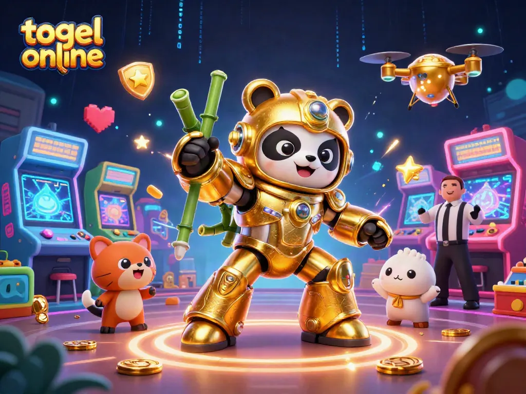 Gambar mekanik panda emas yang mengemudikan robot bambu sambil bermain togel online yang meriah.