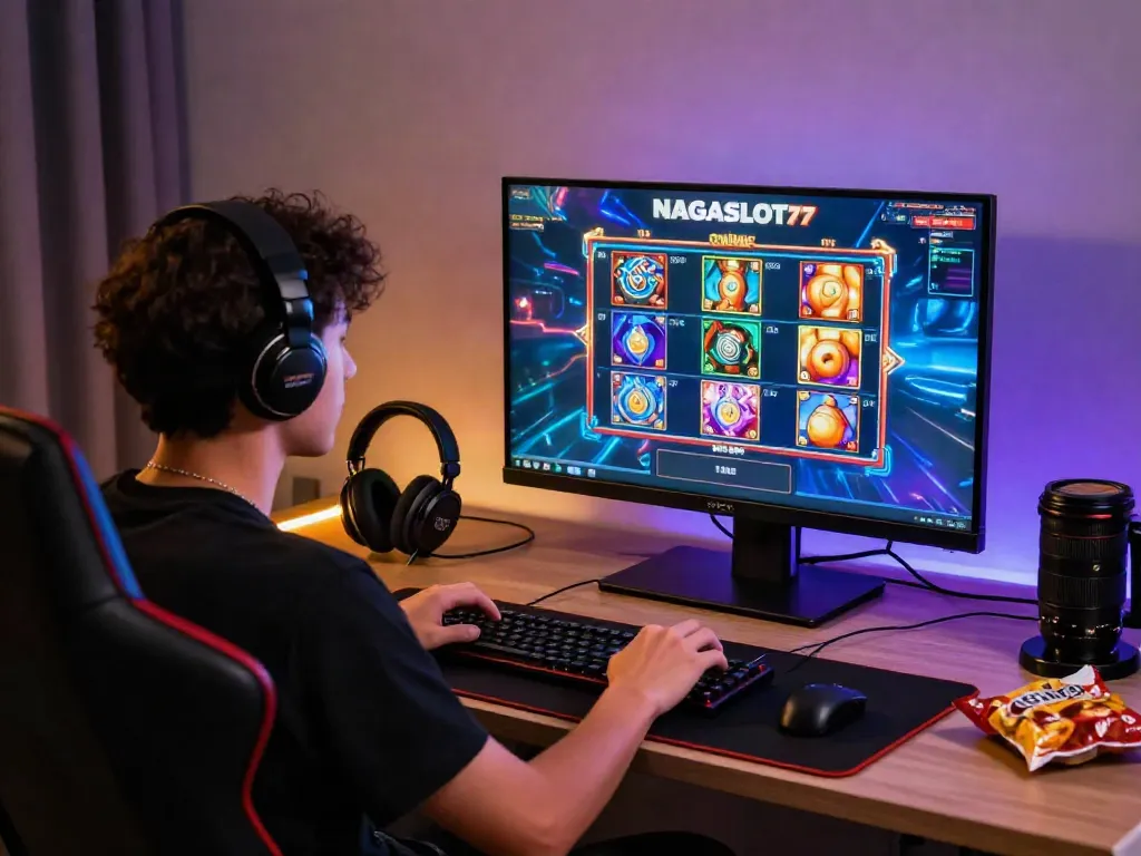 Pengguna NAGASLOT77 bermain slot online dengan antusias di meja modern, dikelilingi aksesori game.