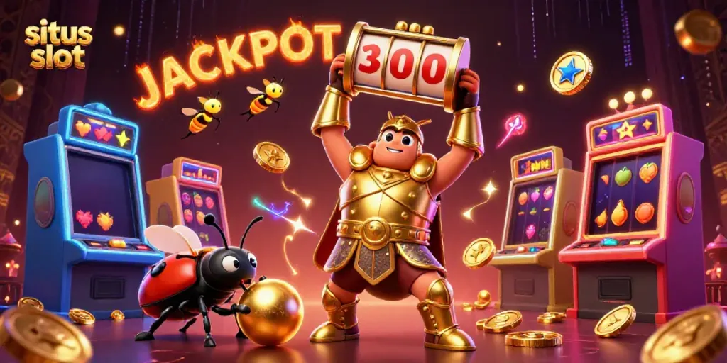 Experience situs slot excitement as a hercules beetle lifts a jackpot reel in triumph surrounded by slot machines.