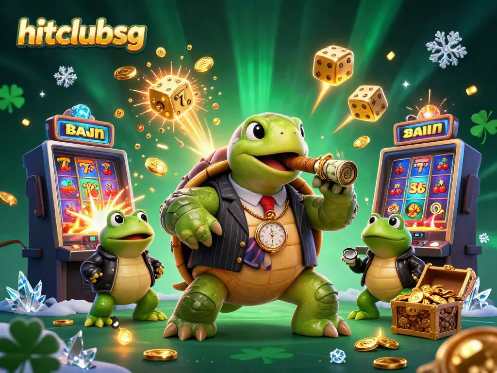 Win big with hitclubsg featuring a massive turtle mobster and casino elements bursting with excitement.