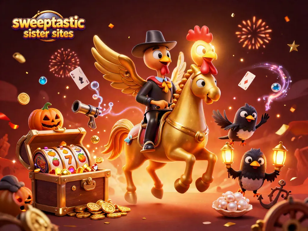 Sweeptastic sister sites showcasing a golden rooster headless horseman amidst dazzling casino elements.