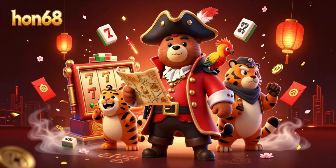 Engage with hon68’s thrilling slots and adventure with a cartoon pirate bear in an immersive casino scene.