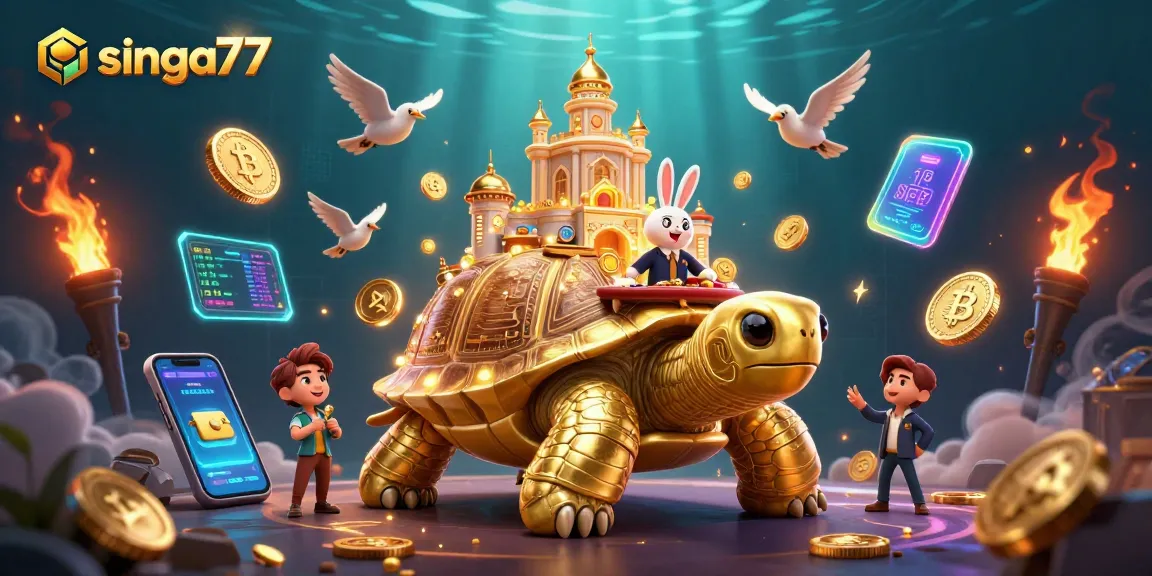 Singa77 features a vibrant 3D cartoon scene with a golden tortoise casino and a rabbit dealer
