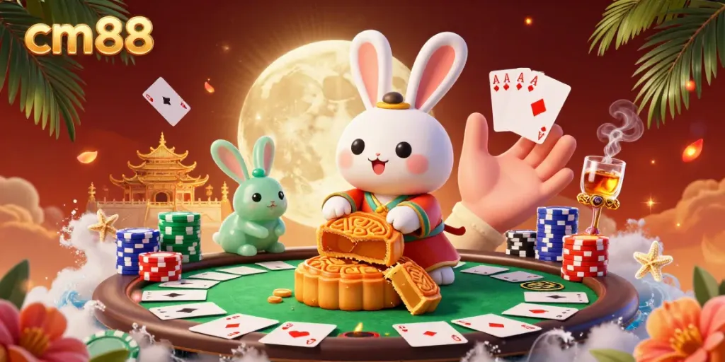 Place bets with cm88 in a festive moonlit poker scene featuring characters and vibrant game elements.