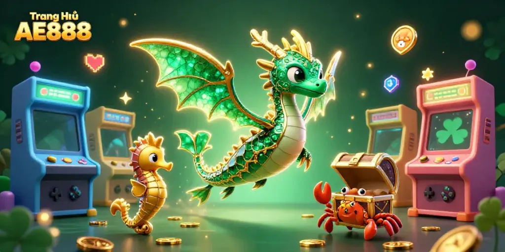 Engage with thrilling gaming experiences at Trang Chủ AE888 featuring an elegant sea dragon and vibrant arcade elements.