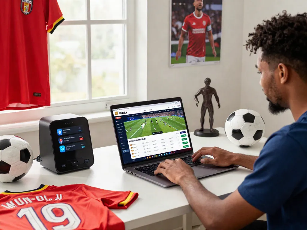 Engaging WWBOLA sports betting scene with player analyzing soccer odds on laptop.
