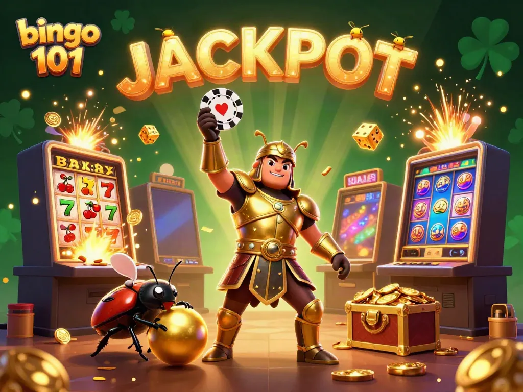 Menangkan bingo 101 sambil merayakan jackpot di ilustrasi kasino 3D yang dinamis.